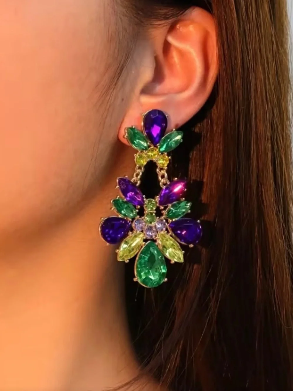 Purple Green Gold Statement Dangle Earrings New Orleans Cocktail Jewelry